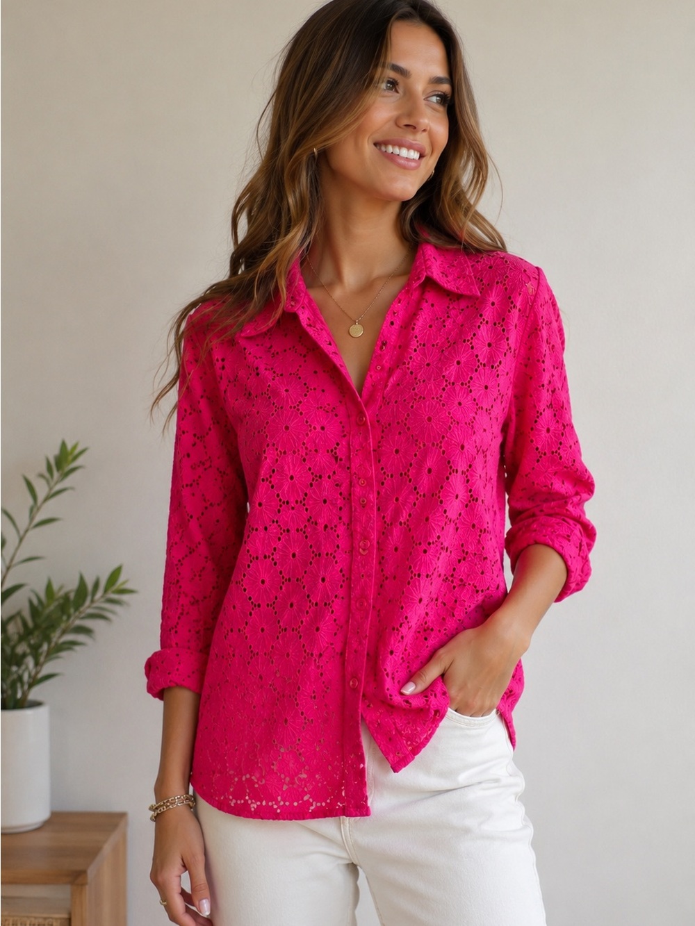 Artelier Nicole Miller Pink Eyelet Button Down Shirt Blouse Size M